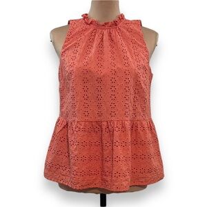 3/$30 Loft Petites Eyelet Lace High Neck Peplum Tank Top Peach Orange MP/Medium